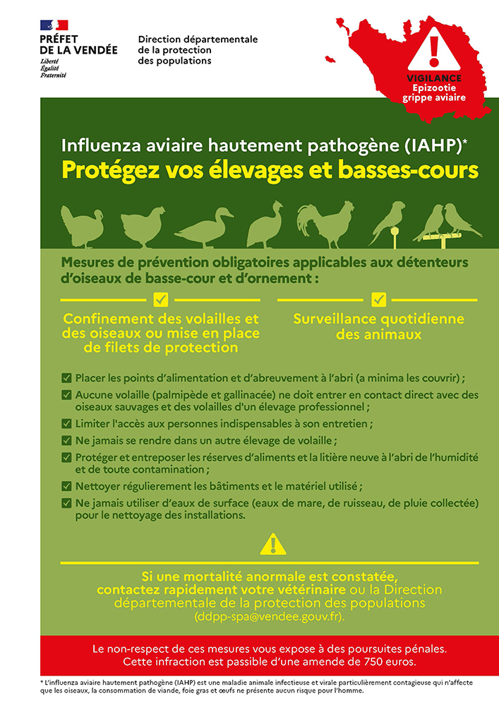 Affiche : Mesures de prévention obligatoires applicables aux détenteurs d'oiseaux de basse-cour et d'ornement - DDPP de Vendée